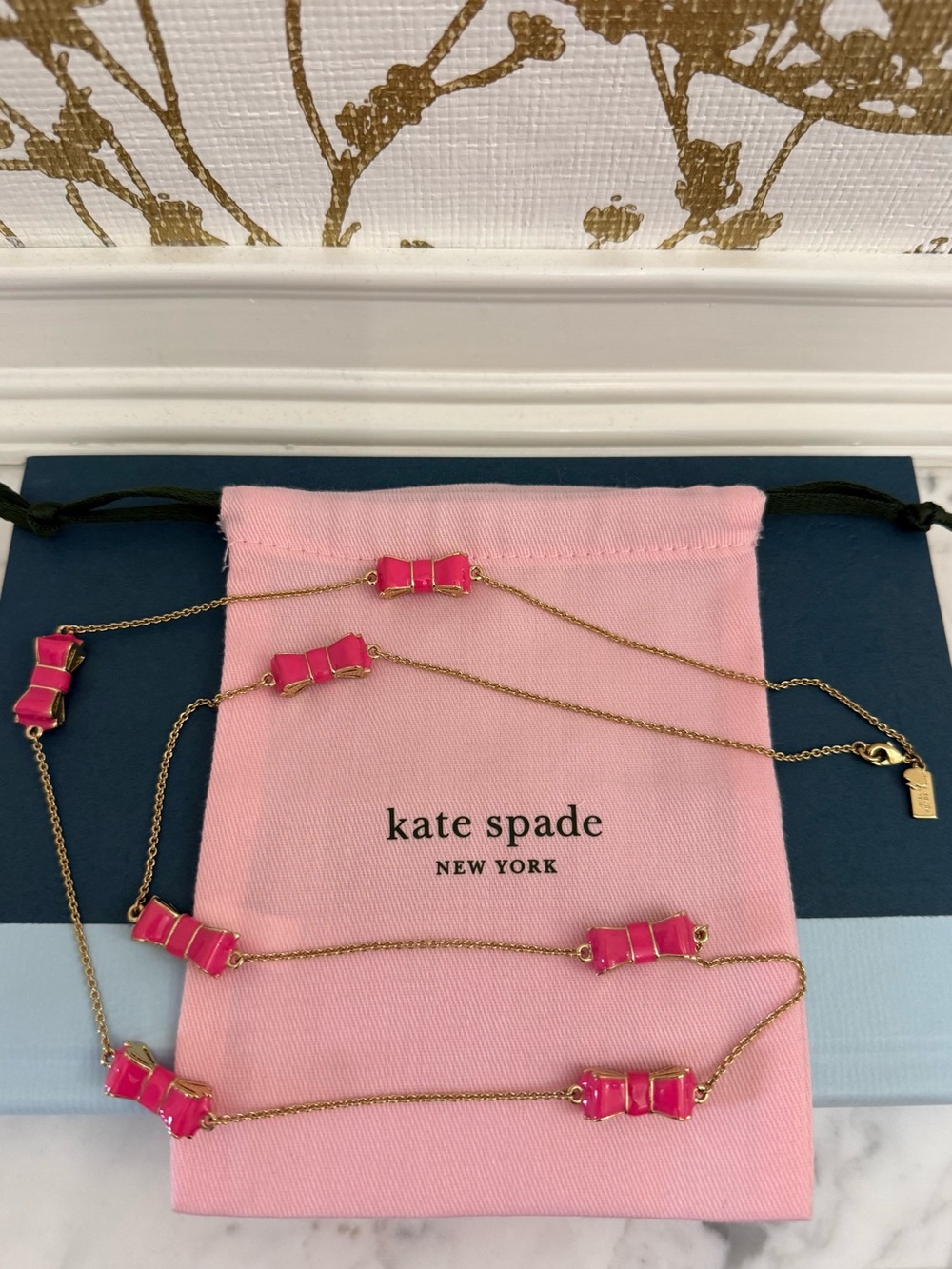 Kate Spade Take a Bow Necklace Hot Pink Bows Gold